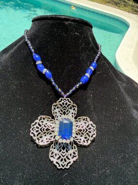 Artisan Repurposed Silver Filigree Cross Necklace Italian Glass Beads Pendant